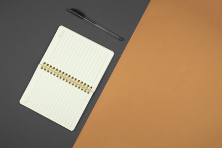 Desktop creative concept, workplace with notebook and pen on a flat background of muted colors, copy space, top view photoの写真素材