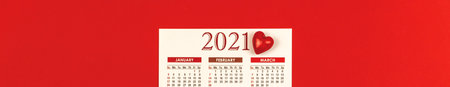 2021 Calendar banner with Valentine's day red heart, concept and mockup photo