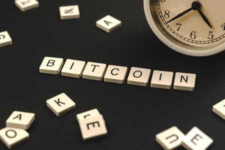 Bitcoin word concept, most popular cryptocurrency, label cover backdrop background, business template photoの写真素材