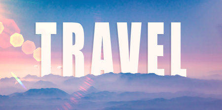 2021 travel and future road trip concept in new year, banner, heading text on mountains from above photoの写真素材