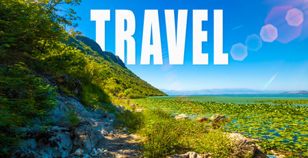 Travel and road trip concept photo, banner background with beautiful nature landscape, heading text photoの写真素材