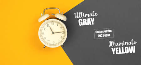 Creative banner with trendy colors of the year 2021, alarm clock, morning composition photoの写真素材