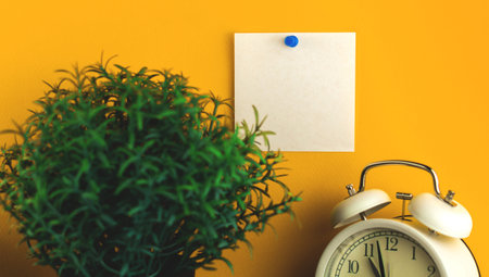 Minimal workspace concept, homeplant, simple background and alarm clock on the tabble, creative...