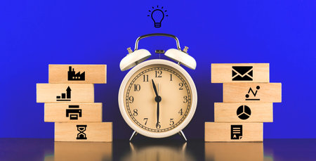 Business idea banner with icons and symbols, work space concept, strategy and vision for freelancer,...
