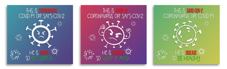 Virus prevention poster series, COVID-19 coronavirus banner with typography text, microbiology and virology concept, stay home and be safe, illustrationの写真素材