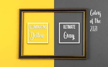 Illuminating yellow and Ultimate gray creative flat lay background, trendy colors of the 2021 year with wooden frame, photoの写真素材