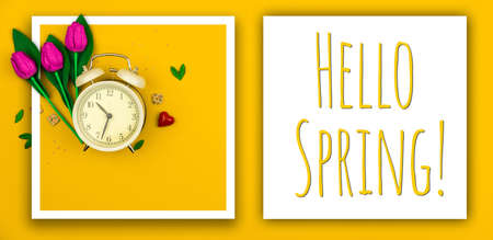 Hello spring mockup yellow background for celebrate holidays, greeting card with text, postcard or banner photoの写真素材
