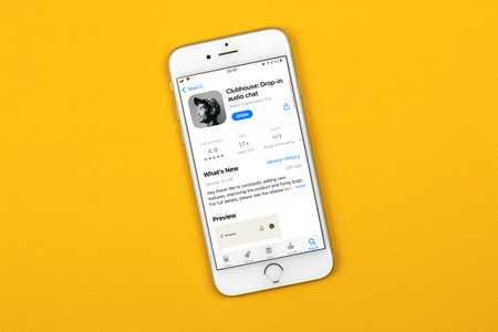 Kharkov, Ukraine - February 16, 2021: Clubhouse Drop in Audio application displayed on Apple iPhone...