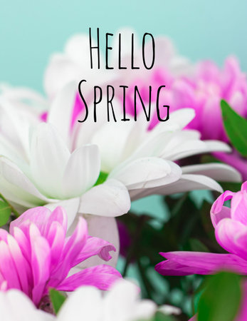 Hello spring greeting card or poster with text inscription and flowers macro photoの写真素材