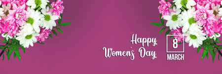 Happy women's day banner background with text inscription and bouquet of beautiful flowers, purple...