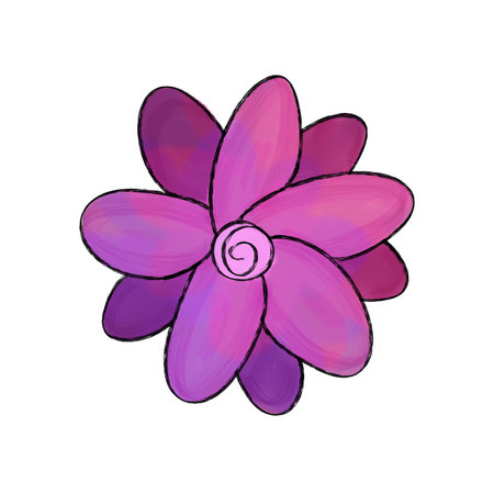 Purple flower head illustration, flat design icon, white isolated backgroundの写真素材