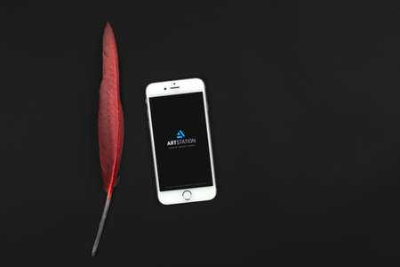 Kharkov, Ukraine - February 22, 2021: ArtStation logo on Apple iPhone sceen, Art Station is the leading showcase platform for games, film, media and entertainment artistsのeditorial素材
