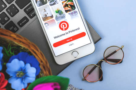 Kharkov, Ukraine - February 27, 2021: Pinterest application on smartphone screen, Apple iPhone with Internet social service, searching imagesのeditorial素材