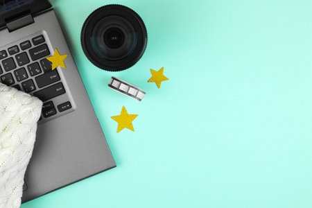 Camera and video production equipment background, flat lay, photography or creativity concept, film workplace or workspace, copy space photoの写真素材