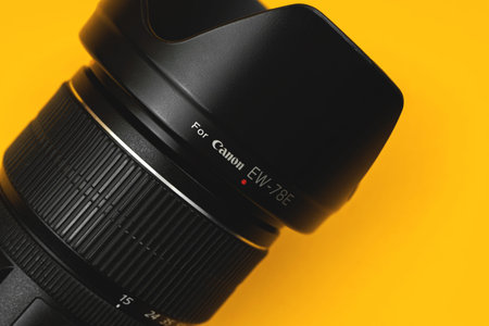 Kharkov, Ukraine - March 7, 2021: Canon lens hood close-up on macro, model EW-78E
