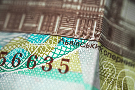Ukrainian money bill or banknotes close-up photo, macro photography, background of Ukraine cashの写真素材
