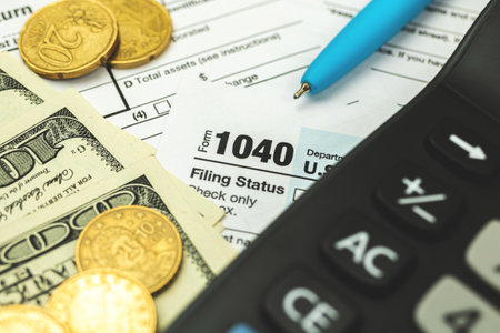 Business and financial concept, Filing tax form close-up backgroundの写真素材