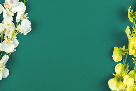Spring flower borderon a pastel background, plants, flat lat style, copy space
