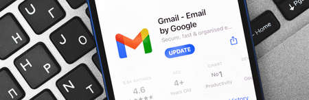 Kharkov, Ukraine - March 9, 2021: Google gmail app on the screen, application icon, wide banner of most popular e-mail serviceのeditorial素材