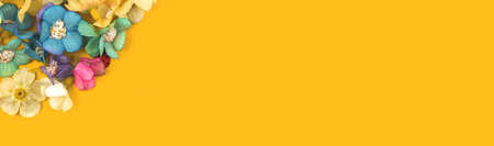 Spring flower banner and border composition on a yellow background, copy space and top view photoの写真素材