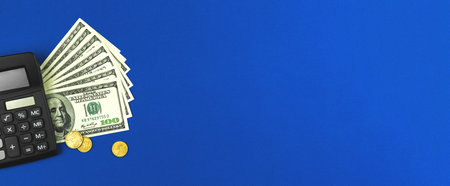 Business concept, calculator and money banner with copy space photo
