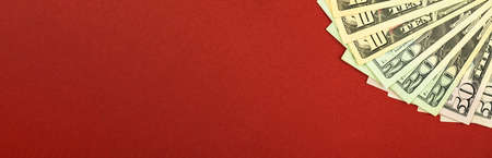 Dollar denomination banner, copy space, office table with money, business conceptの写真素材