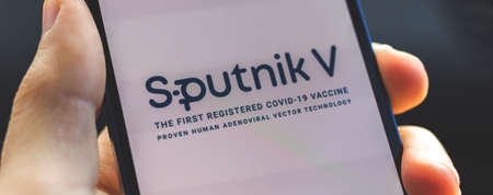 Kharkov, Ukraine - March 22, 2021: logo Sputnik V vaccine by Gamaleya Research Institute of Epidemiology and Microbiologyのeditorial素材