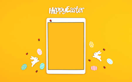 Happy Easter mock up on a yellow background, copy space photo with spring decorの写真素材