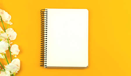 Easter blank paper, notebook, holiday mockup concept with spring flowers on yellow backgroundの写真素材