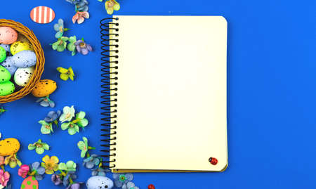 Blank noyebook spring background with copy spaceの写真素材