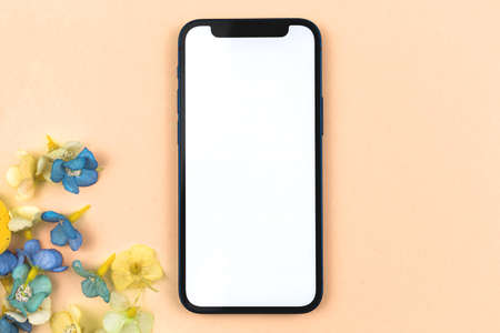 Spring mockup with smartphone, blank white screen with copy space, spring flowers photoの写真素材
