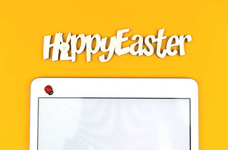 Happy Easter template with text message, yellow backgroundの写真素材