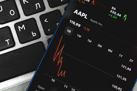 Kharkov, Ukraine - March 10, 2021: Apple stock market chart, company shares close-up photoのeditorial素材