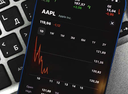 Kharkov, Ukraine - March 10, 2021: Apple stock app and market chart, company shares close-up photoのeditorial素材