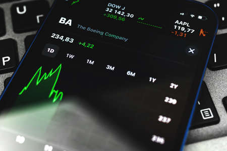 Kharkov, Ukraine - March 10, 2021: The boeing company stock market chart close-up photoのeditorial素材