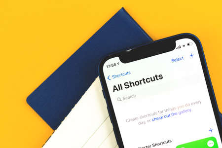 Kharkov, Ukraine - March 10, 2021: homescreen of Apple Shortcuts app close-upのeditorial素材