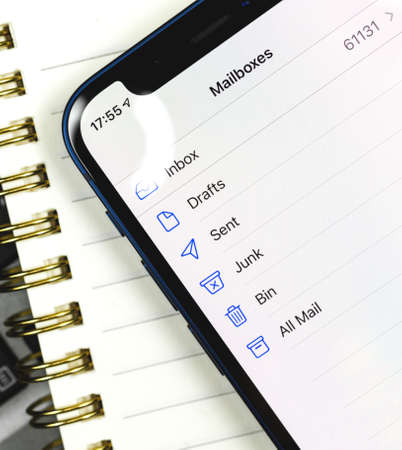 Kharkov, Ukraine - March 10, 2021: Inbox of mailbox, e-mail communication concept on mobile smartphoneのeditorial素材