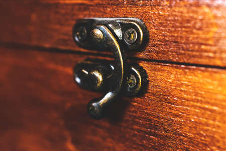 Jewelry chest close up, vintage treasure box with old woodの写真素材