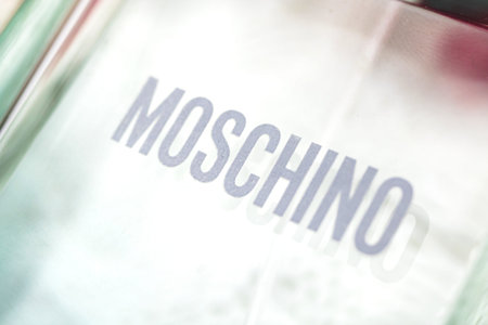 Kharkov, Ukraine - March 23, 2021: Moschino perfume logo close up on a glass bottle