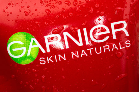 Kharkov, Ukraine - March 23, 2021: Garnier logo with droplets close up photo