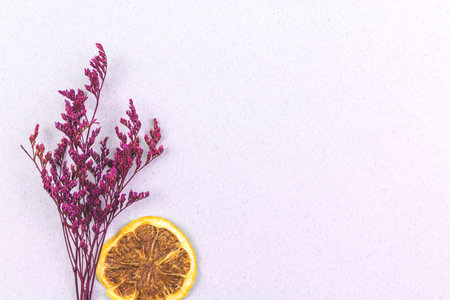 Dry flower background, flat lay composition with place for your text, top view photo