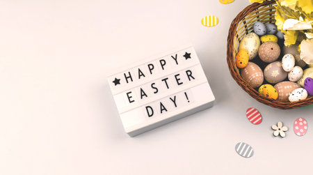 Happy Easter flat lay background with text, easter eggs, banner on a white background