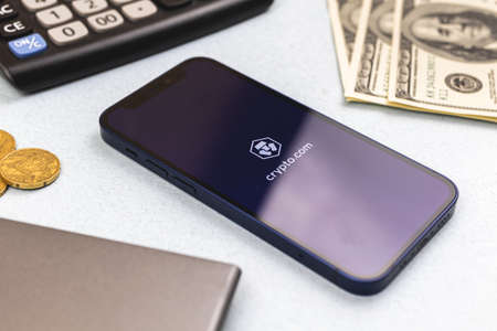 Kharkov, Ukraine - April 9, 2021: Crypto.com app logo on the screen close-upのeditorial素材