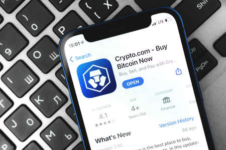 Kharkov, Ukraine - April 9, 2021: Crypto.com buy Bitcoin app logo close up on the screenのeditorial素材