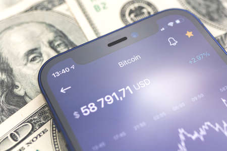 Bitcoin BTC chart on the screen close-up, mobile crypto currency trade concept photoの写真素材
