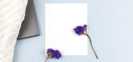 Flat lay business mockup with dried flowers, white blank card with copy space, bright blue background photoの写真素材