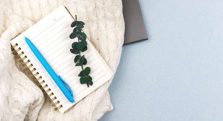 Fflat lay ans cozy home workspace background, feminine desktop concept photoの写真素材