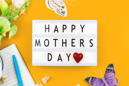 Happy Mothers Day card concept with text message, text inscription, flat lay, top view, love...
