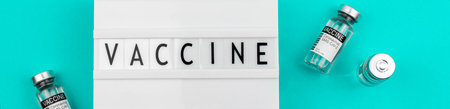 Vaccine word wide banner, panoramic vaccination concept with text and vaccine vials, ampoules on hospital doctor tableの写真素材
