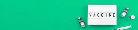 Concept vaccine banner with copy space and text inscription, coronavirus vaccines on the green background, flat layの写真素材